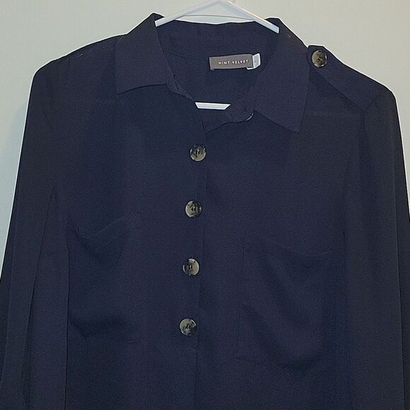 Mint Velvet 3/4 Sleeve Sheer Navy Button Blouse size 10 - Picture 5 of 9